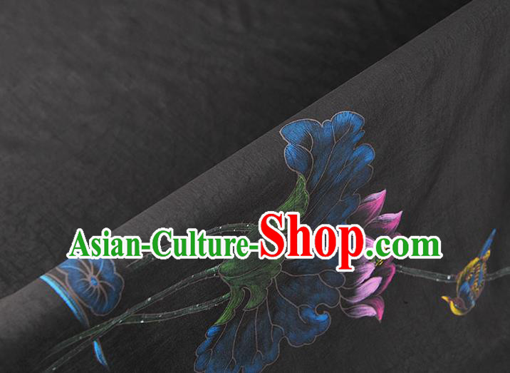 China Classical Printing Lotus Pattern Silk Fabric Traditional Black Jacquard Satin Cheongsam Cloth China Classical Printing Lotus Pattern Silk Fabric Traditional Black Jacquard Satin Cheongsam Cloth