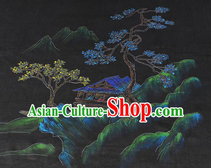 China Classical Printing Pavilion Pattern Silk Fabric Traditional Cheongsam Cloth Black Jacquard Satin China Classical Printing Pavilion Pattern Silk Fabric Traditional Cheongsam Cloth Black Jacquard Satin
