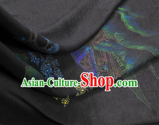 China Classical Printing Pavilion Pattern Silk Fabric Traditional Cheongsam Cloth Black Jacquard Satin China Classical Printing Pavilion Pattern Silk Fabric Traditional Cheongsam Cloth Black Jacquard Satin