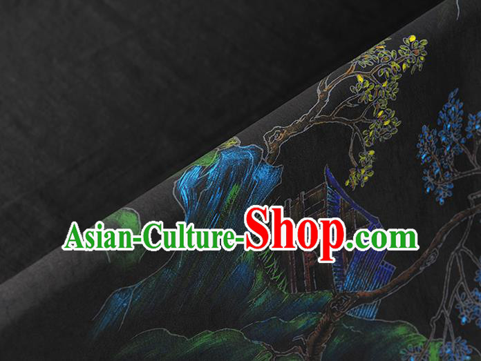China Classical Printing Pavilion Pattern Silk Fabric Traditional Cheongsam Cloth Black Jacquard Satin China Classical Printing Pavilion Pattern Silk Fabric Traditional Cheongsam Cloth Black Jacquard Satin