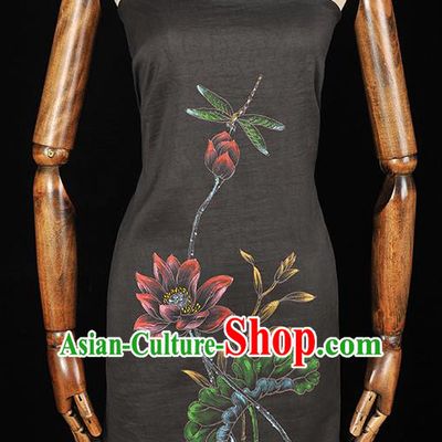 China Traditional Cheongsam Cloth Black Jacquard Satin Classical Printing Lotus Dragonfly Pattern Silk Fabric