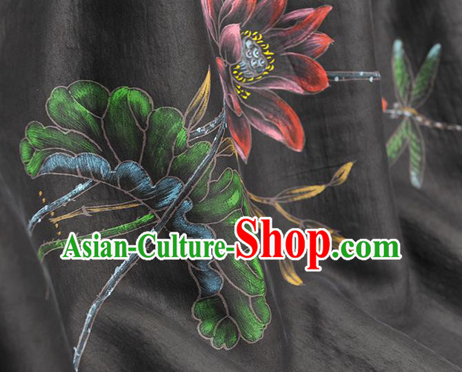 China Traditional Cheongsam Cloth Black Jacquard Satin Classical Printing Lotus Dragonfly Pattern Silk Fabric China Traditional Cheongsam Cloth Black Jacquard Satin Classical Printing Lotus Dragonfly Pattern Silk Fabric