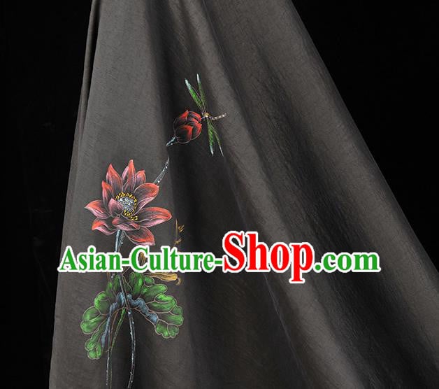 China Traditional Cheongsam Cloth Black Jacquard Satin Classical Printing Lotus Dragonfly Pattern Silk Fabric China Traditional Cheongsam Cloth Black Jacquard Satin Classical Printing Lotus Dragonfly Pattern Silk Fabric