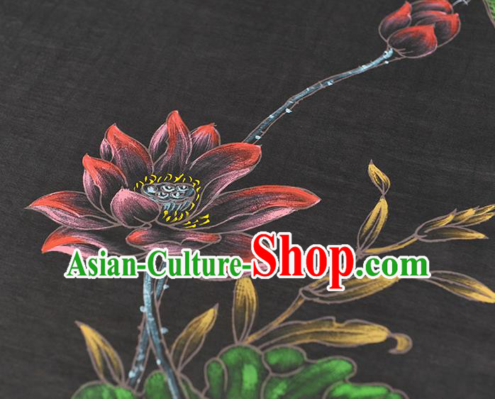 China Traditional Cheongsam Cloth Black Jacquard Satin Classical Printing Lotus Dragonfly Pattern Silk Fabric China Traditional Cheongsam Cloth Black Jacquard Satin Classical Printing Lotus Dragonfly Pattern Silk Fabric