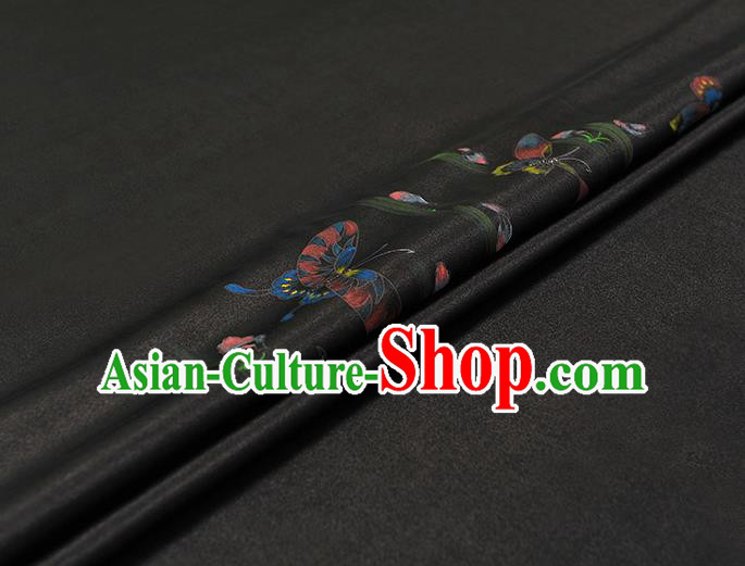China Black Jacquard Satin Traditional Cheongsam Cloth Classical Printing Butterfly Pattern Silk Fabric China Black Jacquard Satin Traditional Cheongsam Cloth Classical Printing Butterfly Pattern Silk Fabric