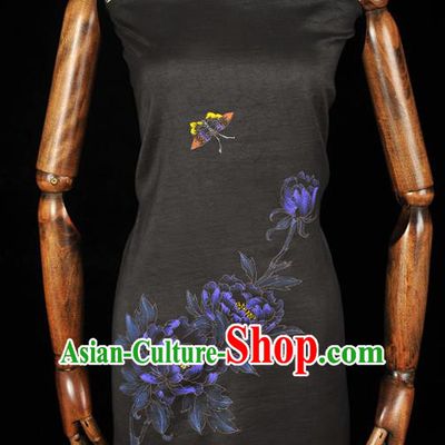 China Jacquard Satin Traditional Classical Printing Peony Butterfly Pattern Black Silk Fabric Cheongsam Cloth