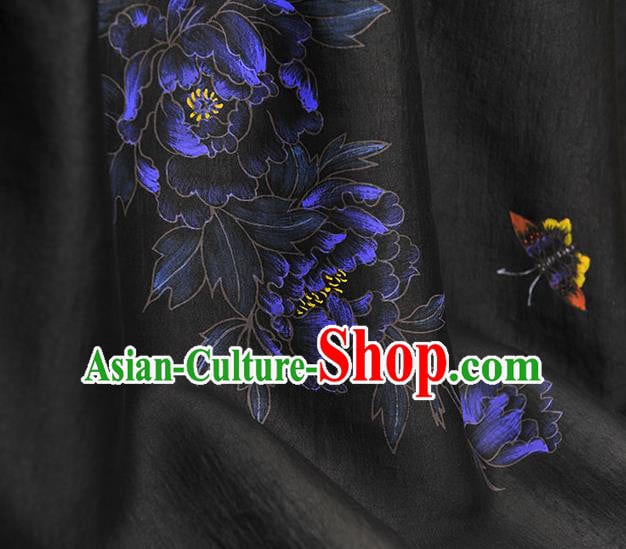 China Jacquard Satin Traditional Classical Printing Peony Butterfly Pattern Black Silk Fabric Cheongsam Cloth