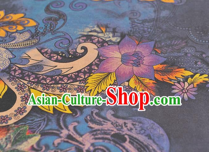 Chinese Cheongsam Cloth Fabric Traditional Navy Silk Drapery Classical Lotus Pattern Gambiered Guangdong Gauze