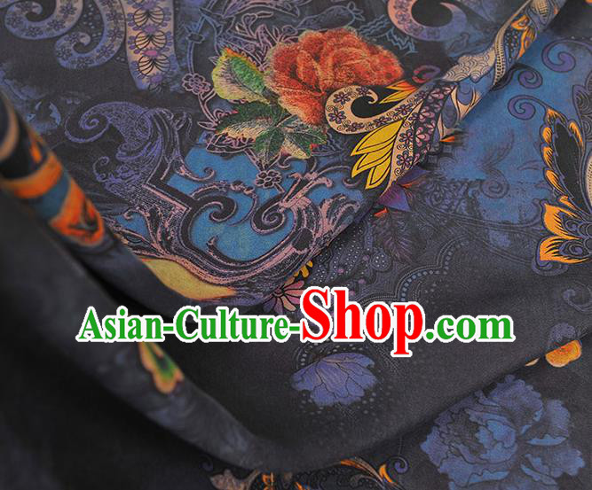 Chinese Cheongsam Cloth Fabric Traditional Navy Silk Drapery Classical Lotus Pattern Gambiered Guangdong Gauze