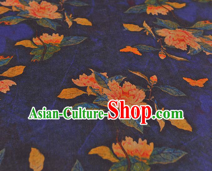 Chinese Cheongsam Blue Cloth Fabric Traditional Classical Peony Pattern Gambiered Guangdong Gauze Silk Drapery Chinese Cheongsam Blue Cloth Fabric Traditional Classical Peony Pattern Gambiered Guangdong Gauze Silk Drapery