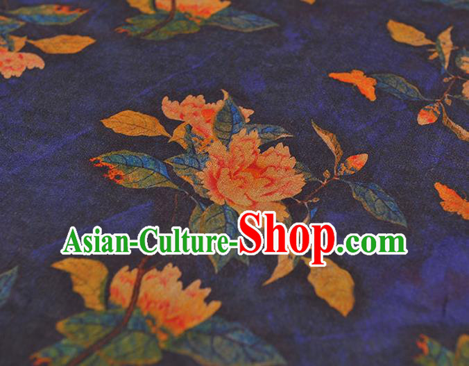 Chinese Cheongsam Blue Cloth Fabric Traditional Classical Peony Pattern Gambiered Guangdong Gauze Silk Drapery Chinese Cheongsam Blue Cloth Fabric Traditional Classical Peony Pattern Gambiered Guangdong Gauze Silk Drapery