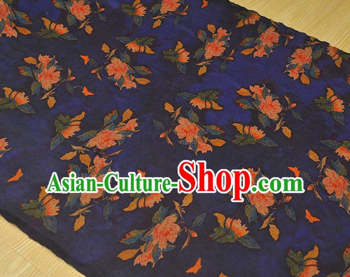 Chinese Cheongsam Blue Cloth Fabric Traditional Classical Peony Pattern Gambiered Guangdong Gauze Silk Drapery Chinese Cheongsam Blue Cloth Fabric Traditional Classical Peony Pattern Gambiered Guangdong Gauze Silk Drapery