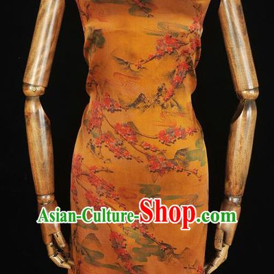 Chinese Traditional Classical Plum Pattern Orange Satin Silk Drapery Cheongsam Green Cloth Fabric Gambiered Guangdong Gauze