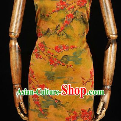 Chinese Cheongsam Cloth Fabric Gambiered Guangdong Gauze Classical Plum Pattern Orange Satin Traditional Yellow Silk Drapery