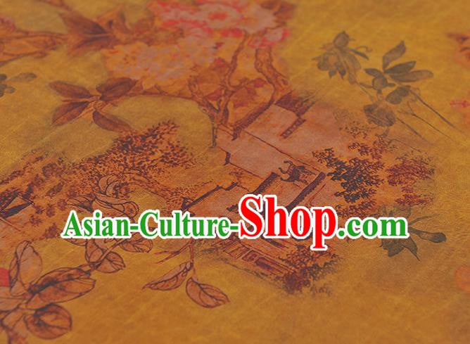 Chinese Yellow Silk Fabric Traditional Cheongsam Cloth Classical Peach Blossom Pattern Gambiered Guangdong Gauze Chinese Yellow Silk Fabric Traditional Cheongsam Cloth Classical Peach Blossom Pattern Gambiered Guangdong Gauze