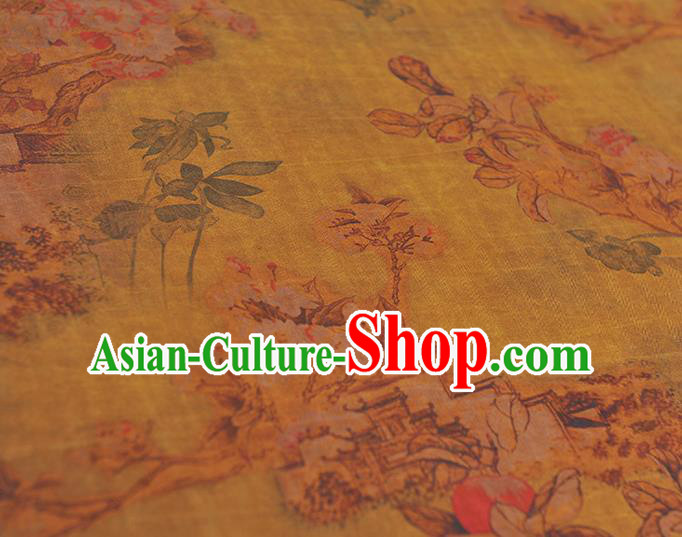 Chinese Yellow Silk Fabric Traditional Cheongsam Cloth Classical Peach Blossom Pattern Gambiered Guangdong Gauze Chinese Yellow Silk Fabric Traditional Cheongsam Cloth Classical Peach Blossom Pattern Gambiered Guangdong Gauze