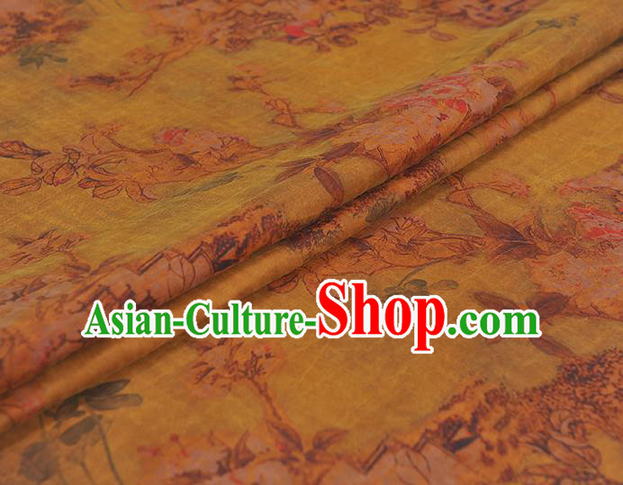 Chinese Yellow Silk Fabric Traditional Cheongsam Cloth Classical Peach Blossom Pattern Gambiered Guangdong Gauze Chinese Yellow Silk Fabric Traditional Cheongsam Cloth Classical Peach Blossom Pattern Gambiered Guangdong Gauze