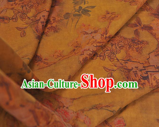 Chinese Yellow Silk Fabric Traditional Cheongsam Cloth Classical Peach Blossom Pattern Gambiered Guangdong Gauze Chinese Yellow Silk Fabric Traditional Cheongsam Cloth Classical Peach Blossom Pattern Gambiered Guangdong Gauze