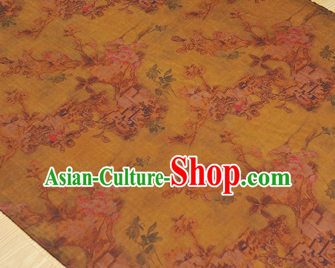 Chinese Yellow Silk Fabric Traditional Cheongsam Cloth Classical Peach Blossom Pattern Gambiered Guangdong Gauze Chinese Yellow Silk Fabric Traditional Cheongsam Cloth Classical Peach Blossom Pattern Gambiered Guangdong Gauze