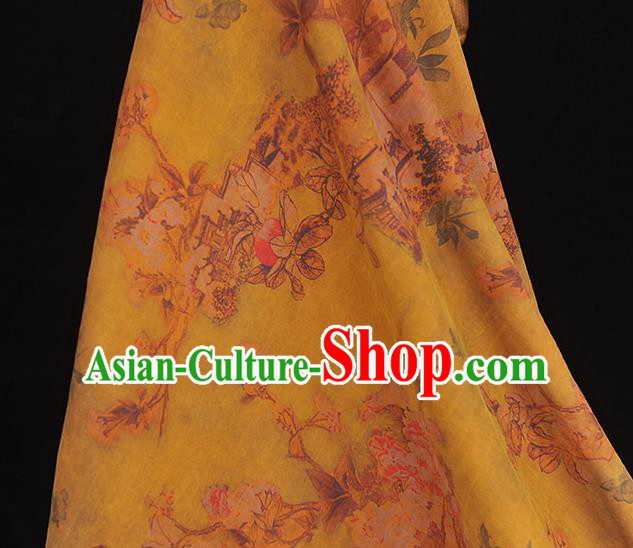 Chinese Yellow Silk Fabric Traditional Cheongsam Cloth Classical Peach Blossom Pattern Gambiered Guangdong Gauze Chinese Yellow Silk Fabric Traditional Cheongsam Cloth Classical Peach Blossom Pattern Gambiered Guangdong Gauze