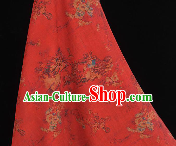 Chinese Traditional Cheongsam Cloth Classical Peach Blossom Pattern Gambiered Guangdong Gauze Red Silk Fabric Chinese Traditional Cheongsam Cloth Classical Peach Blossom Pattern Gambiered Guangdong Gauze Red Silk Fabric