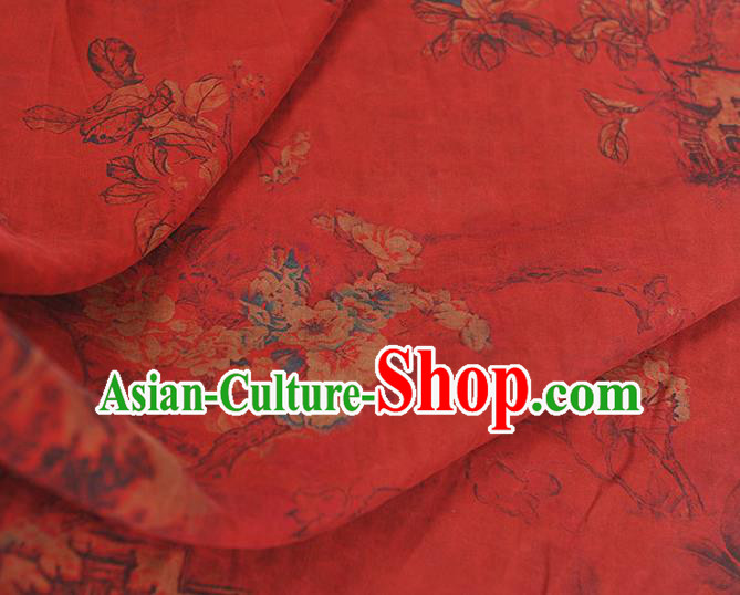 Chinese Traditional Cheongsam Cloth Classical Peach Blossom Pattern Gambiered Guangdong Gauze Red Silk Fabric Chinese Traditional Cheongsam Cloth Classical Peach Blossom Pattern Gambiered Guangdong Gauze Red Silk Fabric