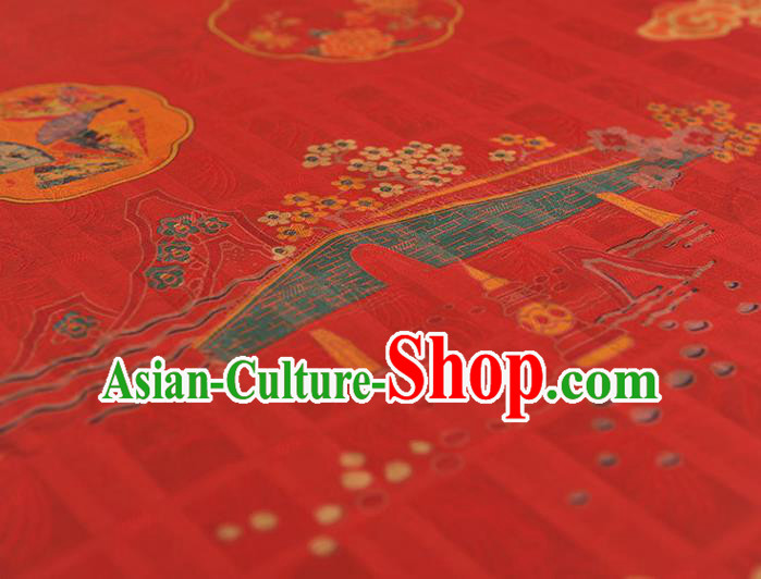 Chinese Traditional Red Gambiered Guangdong Gauze Cheongsam Cloth Classical Bridge Flowers Pattern Silk Fabric Chinese Traditional Red Gambiered Guangdong Gauze Cheongsam Cloth Classical Bridge Flowers Pattern Silk Fabric