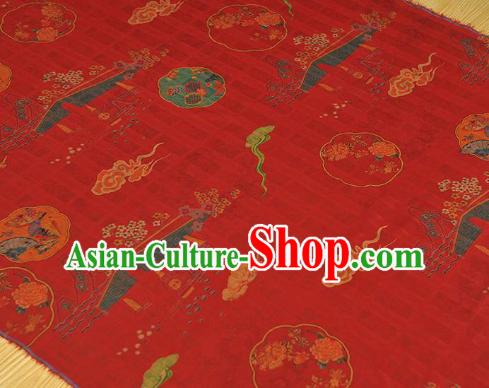 Chinese Traditional Red Gambiered Guangdong Gauze Cheongsam Cloth Classical Bridge Flowers Pattern Silk Fabric Chinese Traditional Red Gambiered Guangdong Gauze Cheongsam Cloth Classical Bridge Flowers Pattern Silk Fabric