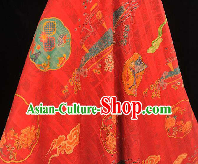 Chinese Traditional Red Gambiered Guangdong Gauze Cheongsam Cloth Classical Bridge Flowers Pattern Silk Fabric Chinese Traditional Red Gambiered Guangdong Gauze Cheongsam Cloth Classical Bridge Flowers Pattern Silk Fabric