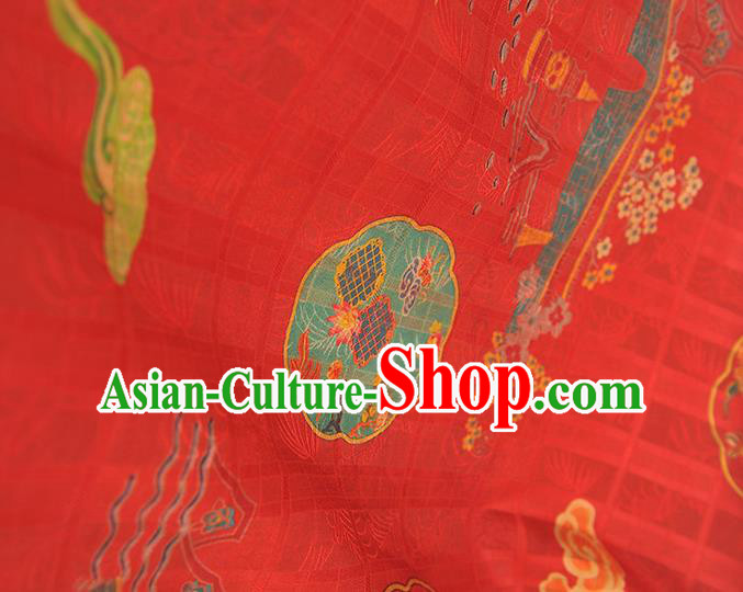 Chinese Traditional Red Gambiered Guangdong Gauze Cheongsam Cloth Classical Bridge Flowers Pattern Silk Fabric Chinese Traditional Red Gambiered Guangdong Gauze Cheongsam Cloth Classical Bridge Flowers Pattern Silk Fabric