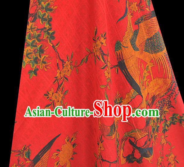 Chinese Classical Begonia Birds Pattern Red Silk Fabric Traditional Gambiered Guangdong Gauze Cheongsam Cloth
