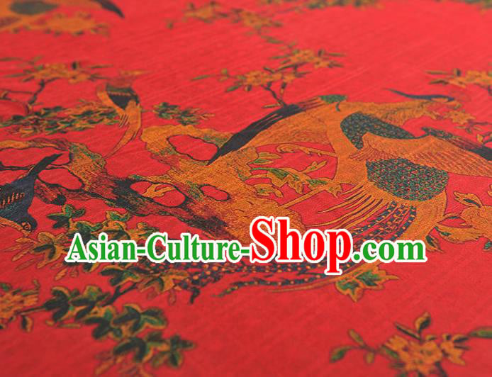 Chinese Classical Begonia Birds Pattern Red Silk Fabric Traditional Gambiered Guangdong Gauze Cheongsam Cloth