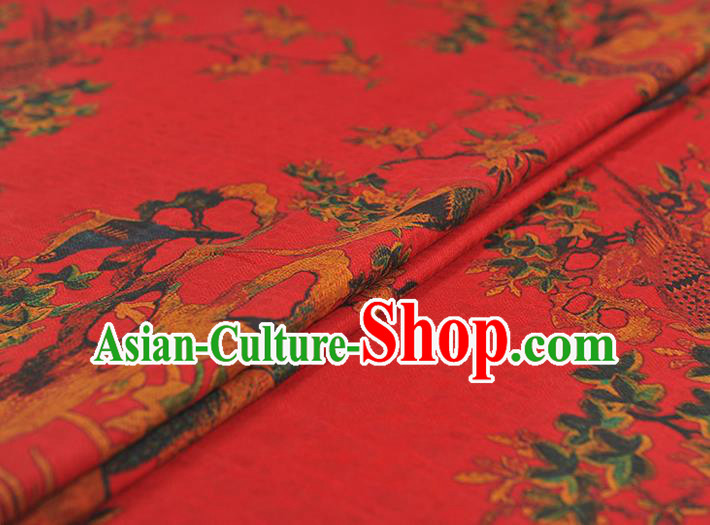 Chinese Classical Begonia Birds Pattern Red Silk Fabric Traditional Gambiered Guangdong Gauze Cheongsam Cloth