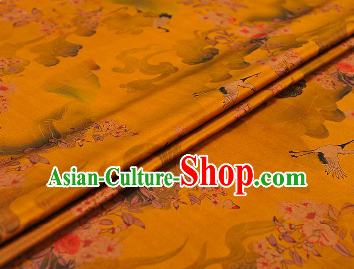 Chinese Cheongsam Cloth Classical Plum Crane Pattern Silk Fabric Traditional Yellow Gambiered Guangdong Gauze