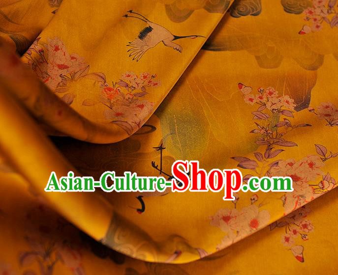 Chinese Cheongsam Cloth Classical Plum Crane Pattern Silk Fabric Traditional Yellow Gambiered Guangdong Gauze