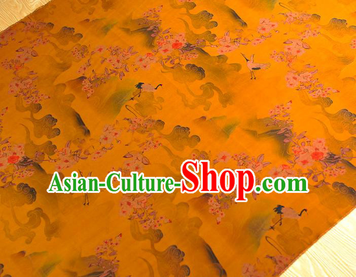 Chinese Cheongsam Cloth Classical Plum Crane Pattern Silk Fabric Traditional Yellow Gambiered Guangdong Gauze