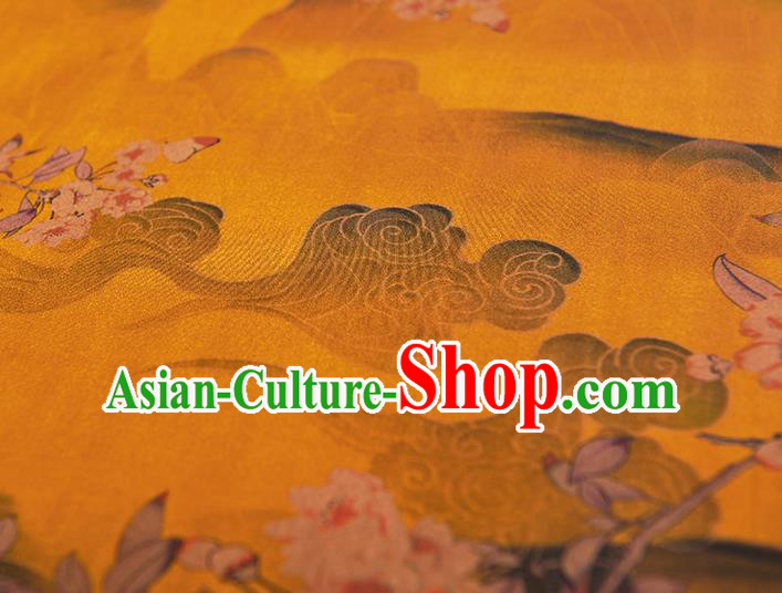 Chinese Cheongsam Cloth Classical Plum Crane Pattern Silk Fabric Traditional Yellow Gambiered Guangdong Gauze