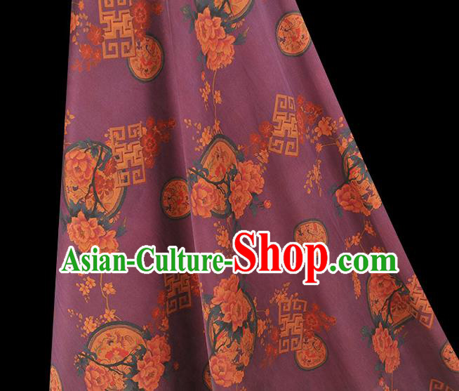 Chinese Purple Gambiered Guangdong Gauze Classical Plum Peony Pattern Silk Fabric Traditional Cheongsam Cloth Chinese Purple Gambiered Guangdong Gauze Classical Plum Peony Pattern Silk Fabric Traditional Cheongsam Cloth