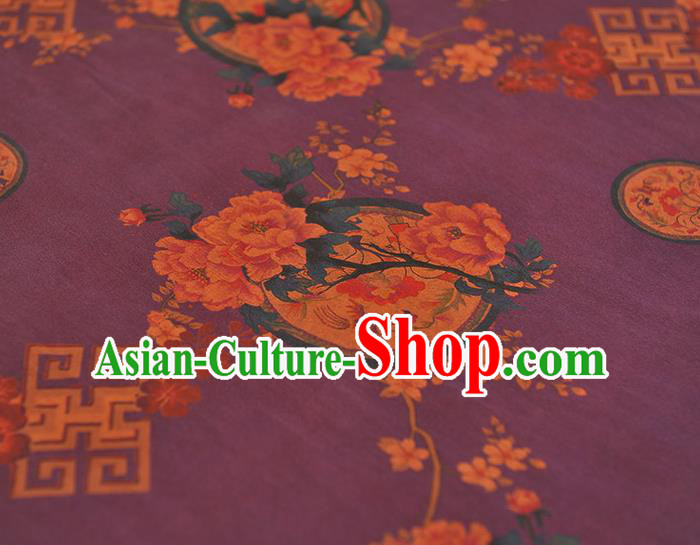 Chinese Purple Gambiered Guangdong Gauze Classical Plum Peony Pattern Silk Fabric Traditional Cheongsam Cloth Chinese Purple Gambiered Guangdong Gauze Classical Plum Peony Pattern Silk Fabric Traditional Cheongsam Cloth