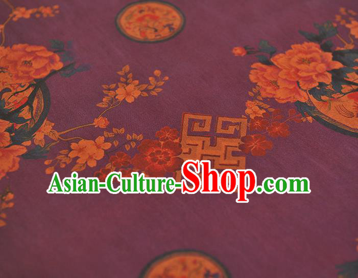Chinese Purple Gambiered Guangdong Gauze Classical Plum Peony Pattern Silk Fabric Traditional Cheongsam Cloth Chinese Purple Gambiered Guangdong Gauze Classical Plum Peony Pattern Silk Fabric Traditional Cheongsam Cloth