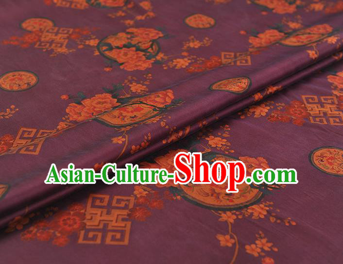Chinese Purple Gambiered Guangdong Gauze Classical Plum Peony Pattern Silk Fabric Traditional Cheongsam Cloth Chinese Purple Gambiered Guangdong Gauze Classical Plum Peony Pattern Silk Fabric Traditional Cheongsam Cloth