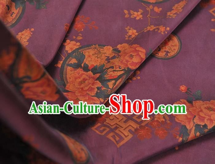 Chinese Purple Gambiered Guangdong Gauze Classical Plum Peony Pattern Silk Fabric Traditional Cheongsam Cloth Chinese Purple Gambiered Guangdong Gauze Classical Plum Peony Pattern Silk Fabric Traditional Cheongsam Cloth