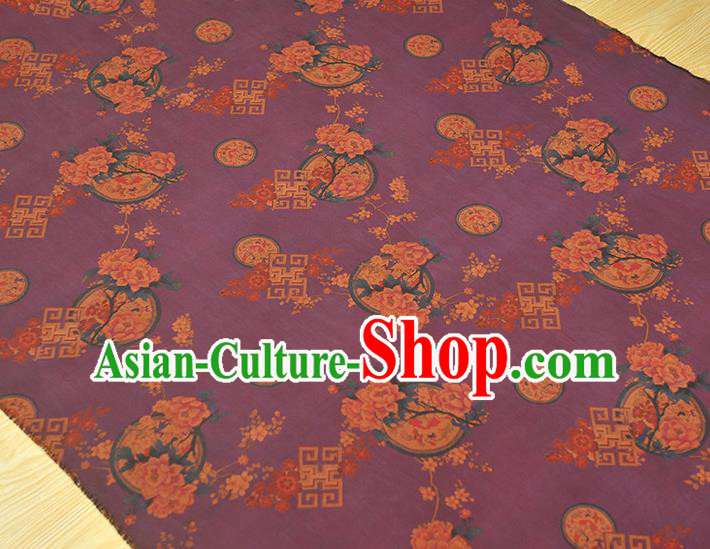 Chinese Purple Gambiered Guangdong Gauze Classical Plum Peony Pattern Silk Fabric Traditional Cheongsam Cloth Chinese Purple Gambiered Guangdong Gauze Classical Plum Peony Pattern Silk Fabric Traditional Cheongsam Cloth