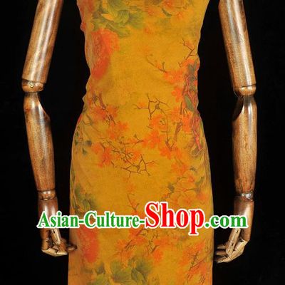 Chinese Traditional Cheongsam Yellow Cloth Silk Fabric Classical Peony Pattern Gambiered Guangdong Gauze