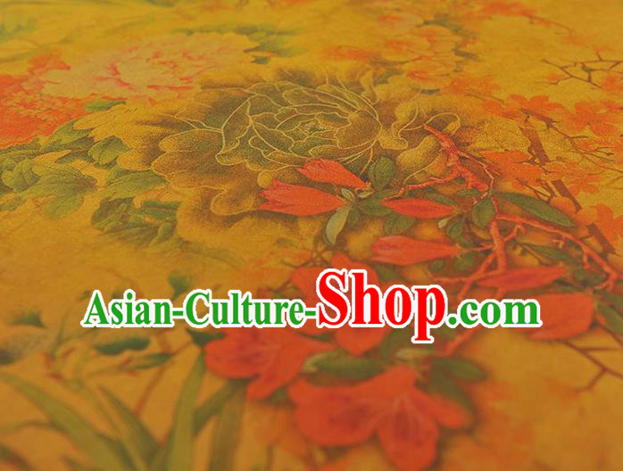 Chinese Traditional Cheongsam Yellow Cloth Silk Fabric Classical Peony Pattern Gambiered Guangdong Gauze Chinese Traditional Cheongsam Yellow Cloth Silk Fabric Classical Peony Pattern Gambiered Guangdong Gauze