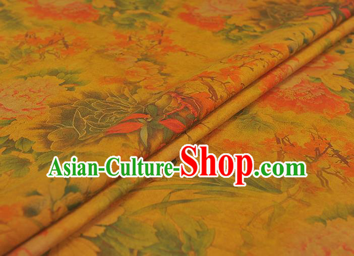 Chinese Traditional Cheongsam Yellow Cloth Silk Fabric Classical Peony Pattern Gambiered Guangdong Gauze Chinese Traditional Cheongsam Yellow Cloth Silk Fabric Classical Peony Pattern Gambiered Guangdong Gauze