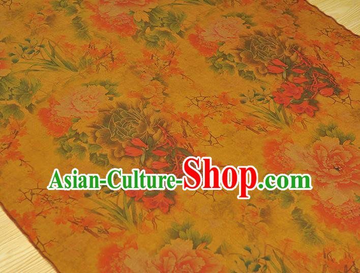 Chinese Traditional Cheongsam Yellow Cloth Silk Fabric Classical Peony Pattern Gambiered Guangdong Gauze Chinese Traditional Cheongsam Yellow Cloth Silk Fabric Classical Peony Pattern Gambiered Guangdong Gauze
