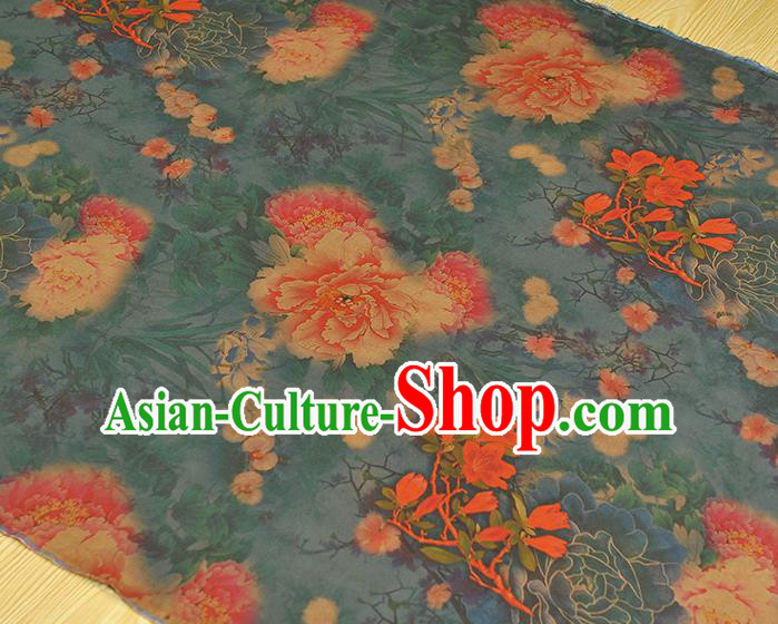 Chinese Dark Blue Silk Fabric Traditional Cheongsam Cloth Classical Peony Pattern Gambiered Guangdong Gauze