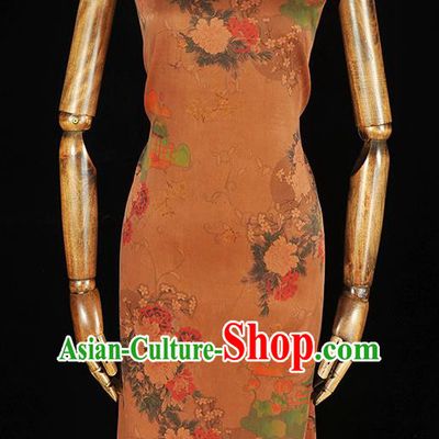 Chinese Gambiered Guangdong Gauze Traditional Cheongsam Light Brown Satin Cloth Classical Peony Plum Pattern Silk Fabric