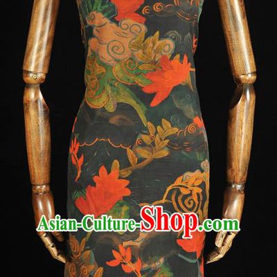 Chinese Traditional Black Silk Fabric Cheongsam Satin Cloth Classical Red Lotus Pattern Gambiered Guangdong Gauze